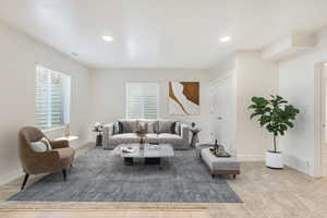 Living room with carpet floors