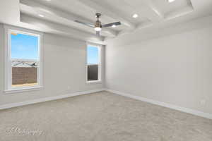 Spare room featuring recessed lighting, carpet, beam ceiling, baseboards, and ceiling fan