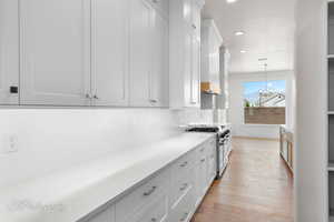 Kitchen with high end stainless steel range oven, a chandelier, light countertops, decorative backsplash, and light wood-style floors