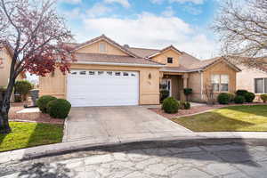 View of front of property featuring a front yard and a garage