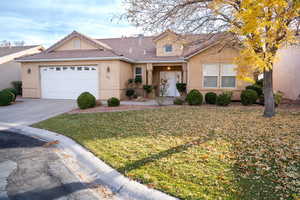 View of front of property featuring a front yard and a garage