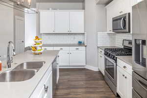 Kitchen with white cabinets, sink, decorative backsplash, dark hardwood / wood-style flooring, and stainless steel appliances