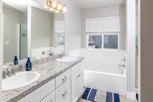 Bathroom with tile patterned flooring, a washtub, and vanity