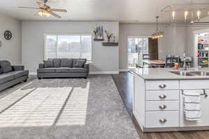 Living room featuring a wealth of natural light, hardwood / wood-style floors, ceiling fan with notable chandelier, and sink