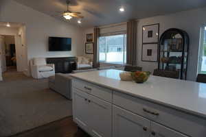 Kitchen featuring white cabinetry, ceiling fan, dark wood-type flooring, and vaulted ceiling