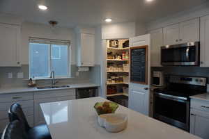 Kitchen featuring backsplash, sink, white cabinets, and stainless steel appliances