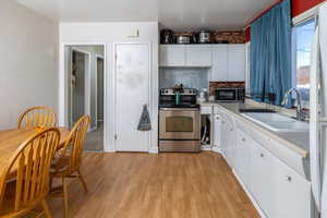 Kitchen with white cabinetry, sink, stainless steel appliances, light hardwood / wood-style flooring, and backsplash