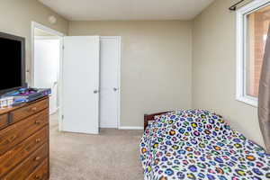 Bedroom with light colored carpet