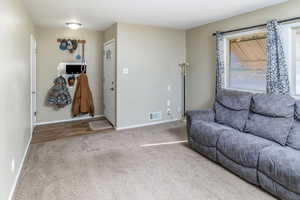 Living room with light carpet