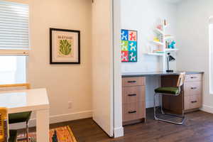 Home office with dark hardwood / wood-style floors