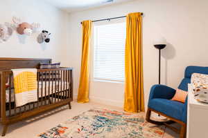 Carpeted bedroom featuring a nursery area