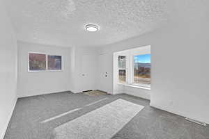 Carpeted empty room featuring a textured ceiling