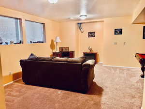 Carpeted living room with a textured ceiling