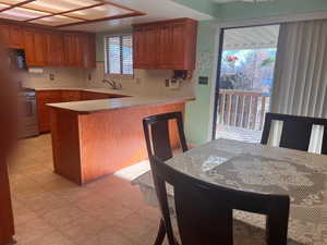 Kitchen featuring kitchen peninsula, stainless steel electric range oven, a wealth of natural light, and sink