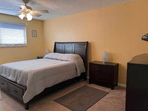 Master Bedroom featuring ceiling fan, light carpet, and a textured ceiling