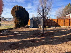 View of yard with a storage unit