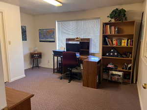 Office with carpet and a textured ceiling