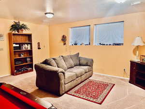 Carpeted living room with a textured ceiling