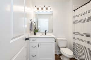 Bathroom with vanity, hardwood / wood-style flooring, toilet, and walk in shower