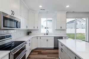 Kitchen featuring sink, white cabinets, a healthy amount of sunlight, and appliances with stainless steel finishes