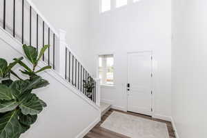 Entryway with hardwood / wood-style floors and a high ceiling