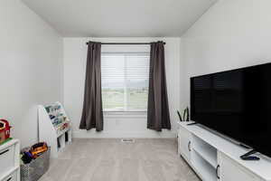 Recreation room featuring light colored carpet