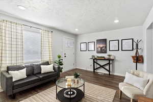 Living room featuring a textured ceiling and hardwood / wood-style flooring