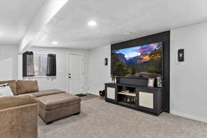 Living room with carpet floors and a textured ceiling