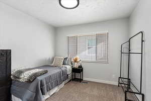 Carpeted bedroom with a textured ceiling