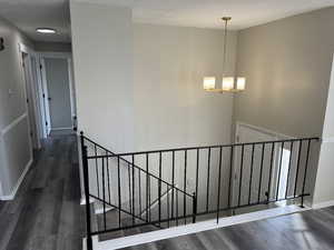 Staircase with a notable chandelier and wood-type flooring