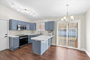 Kitchen with stainless steel appliances, dark wood-type flooring, sink, an inviting chandelier, and hanging light fixtures