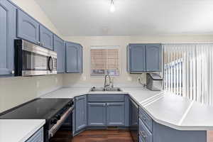 Kitchen with dark wood-type flooring, sink, stainless steel appliances, and blue cabinets