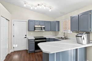 Kitchen featuring sink, dark hardwood / wood-style flooring, kitchen peninsula, vaulted ceiling, and appliances with stainless steel finishes