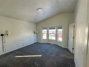 Carpeted spare room with lofted ceiling and a textured ceiling