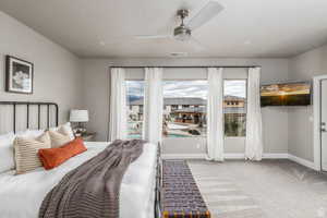 Bedroom with a textured ceiling, carpet floors, multiple windows, and ceiling fan