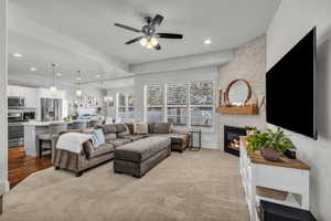 Living room, kitchen and dining area.