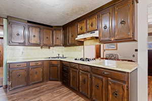 Kitchen with wood-type flooring, sink, a textured ceiling, and white gas stovetop