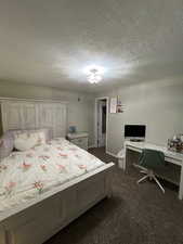 Bedroom with a textured ceiling and dark carpet