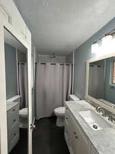 Bathroom featuring vanity, a shower with curtain, a textured ceiling, and toilet