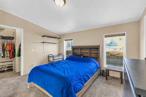 Carpeted bedroom featuring a spacious closet, a closet, and vaulted ceiling