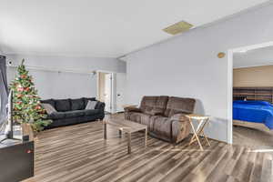 Living room with wood-type flooring and lofted ceiling