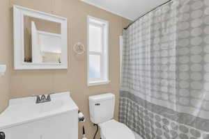 Bathroom with vanity, a shower with shower curtain, and toilet