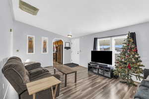 Living room featuring wood-type flooring and vaulted ceiling