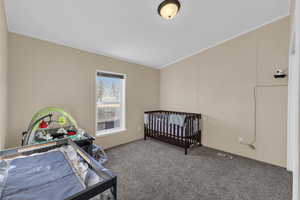 Bedroom with carpet flooring.