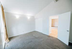 Unfurnished room featuring carpet flooring and high vaulted ceiling