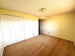 Unfurnished bedroom featuring a textured ceiling, carpet floors, and a closet