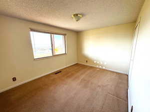 Carpeted spare room with a textured ceiling