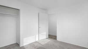 Unfurnished bedroom with light colored carpet and a closet