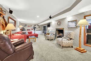 Carpeted living room with ornamental molding and wood walls