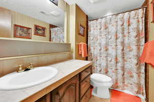 Bathroom featuring vanity, a textured ceiling, and toilet